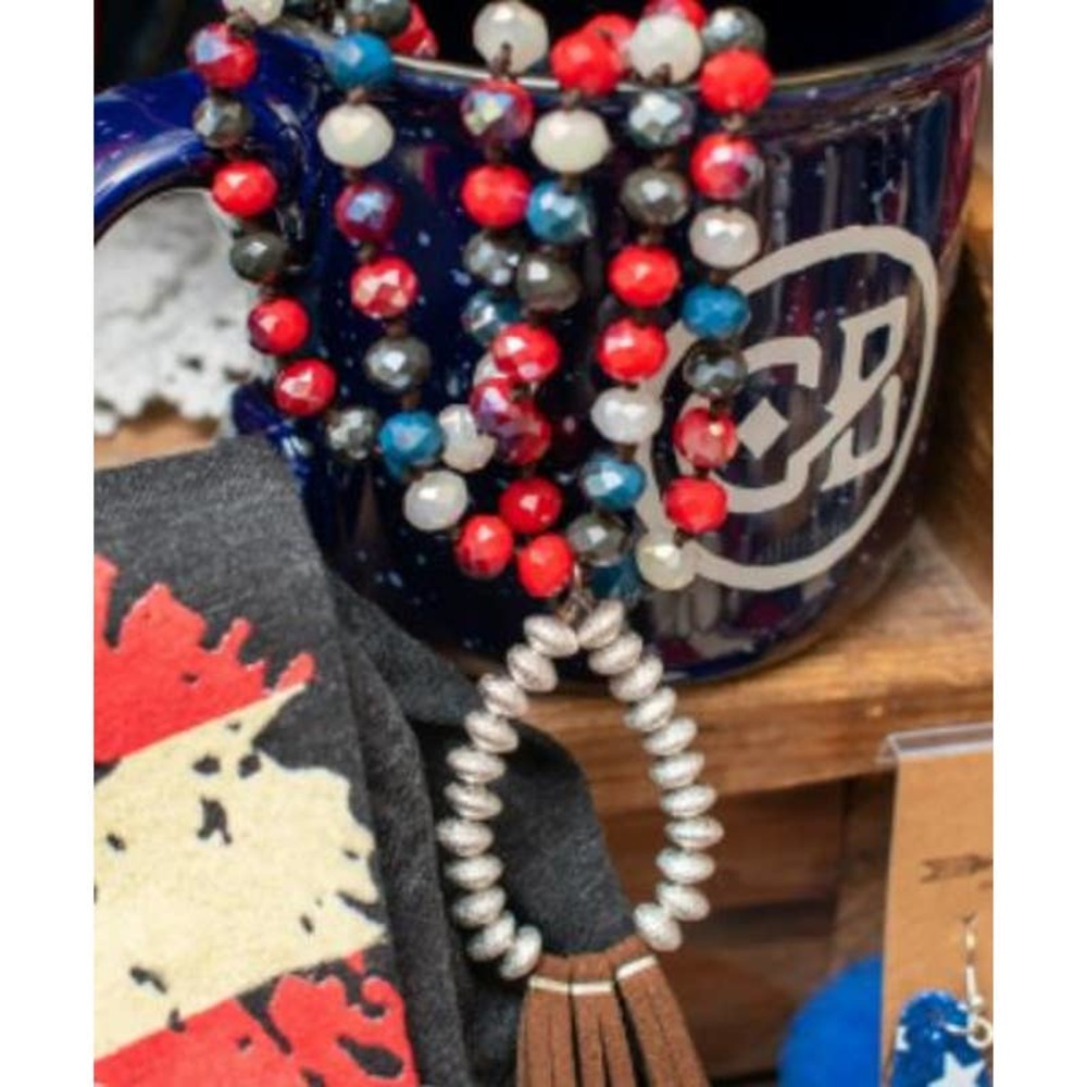 Sparkling Red, White, & Blue Beads with Brown Leather Fringe Necklace & Earrings